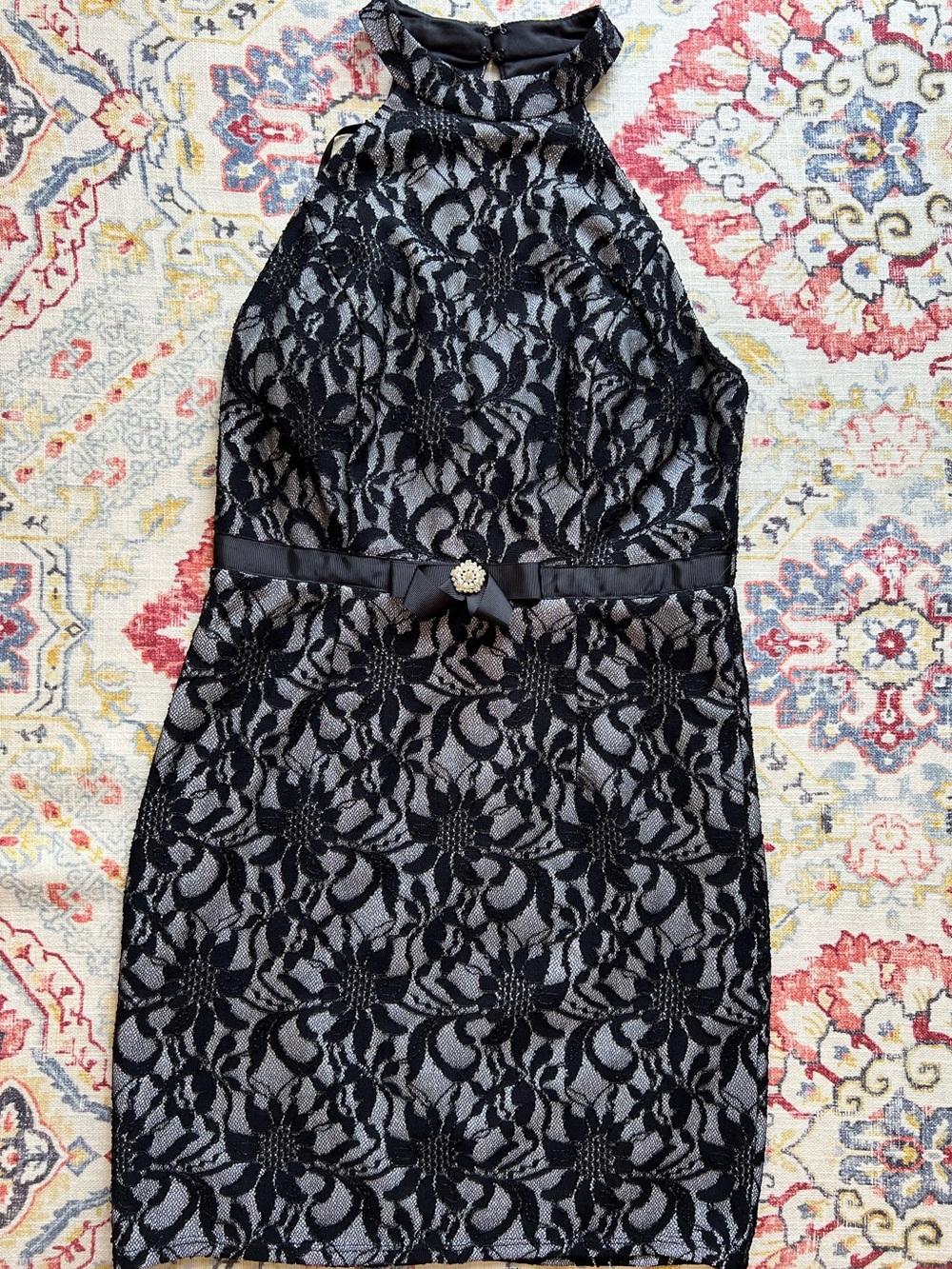 Black Lace Halter Bodycon Mini Dress Rhinestone Bow Belt Sirencore Cocktail